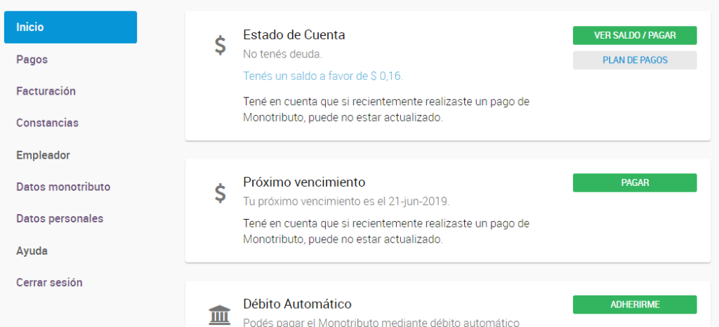 Estado de cuenta: Deuda de monotributo por web