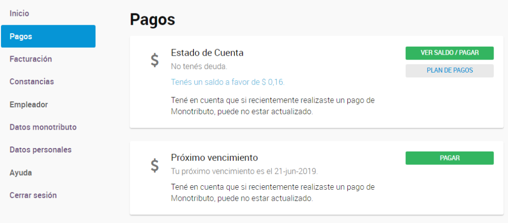 Portal Mi Monotributo. Pagos