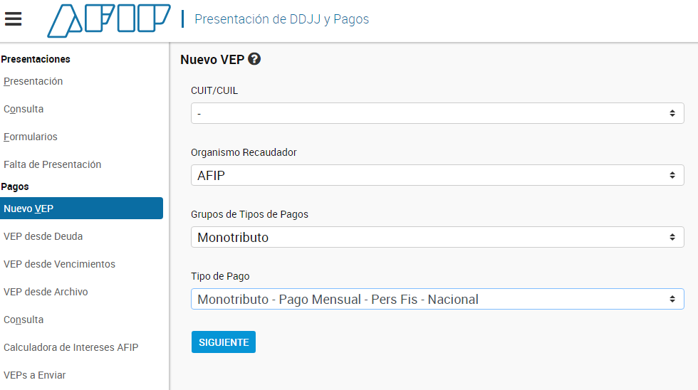 Generación de nuevo VEP para pagar el monotributo
