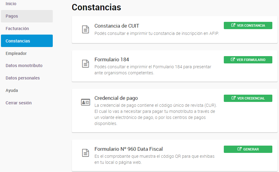 Constancias Mi Monotributo: Seleccionar Data Fiscal