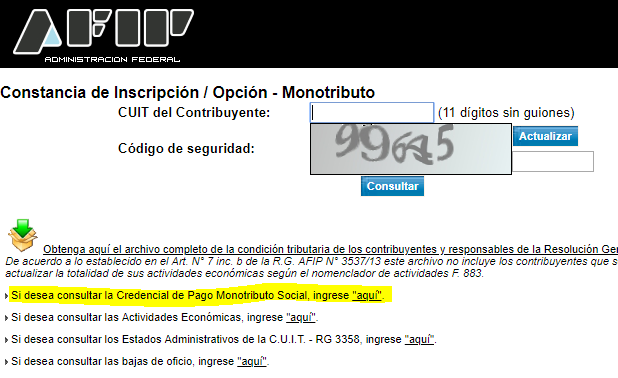 Credencial de pago monotributo social desde constancia de inscripción